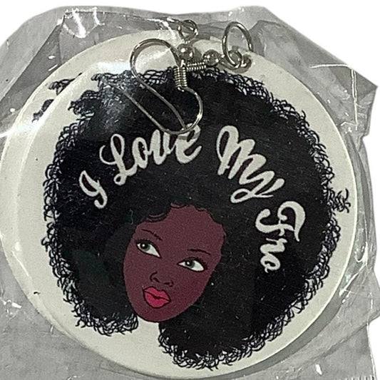 2.5"D Loop Earrings - 'I Love My Fro" Dangling Earrings, NIP