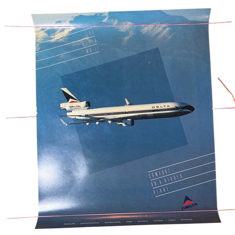 Vintage Delta L-1011 Plane Poster "Comfort on a Higher Plane" 1990s Blue 22x18"
