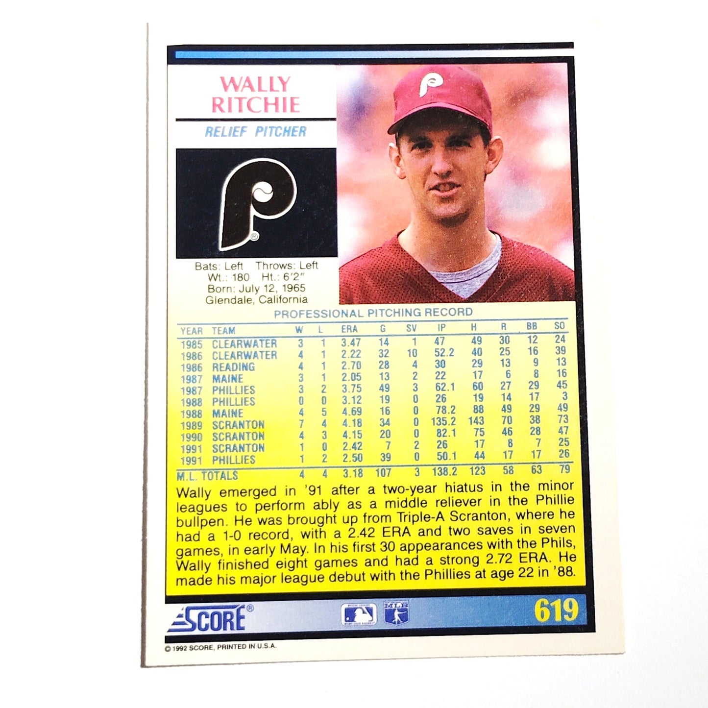 1992 Score Wally Ritchie #619 Philadelphia Phillies Relief Pitcher MLB NM