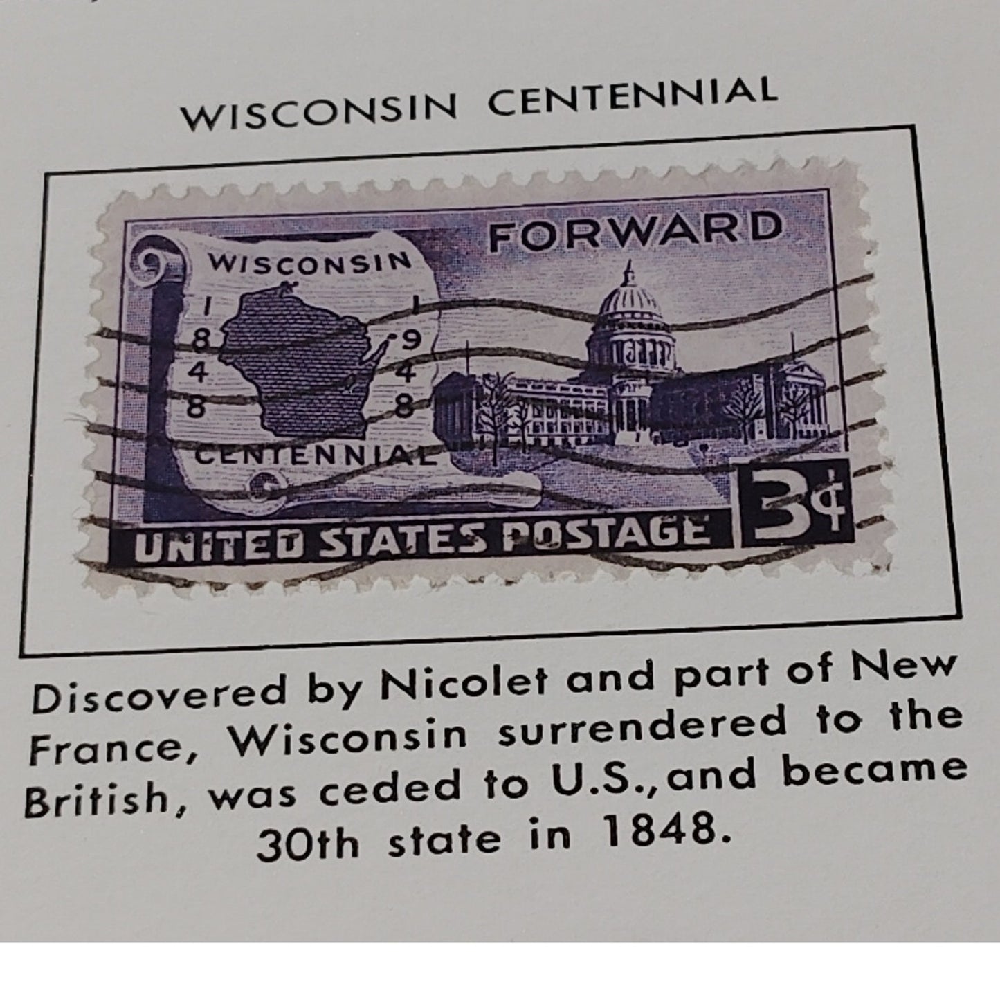 1948 3¢ Wisconsin Statehood Stamp – Scott 957 – Capitol & Map – Centennial