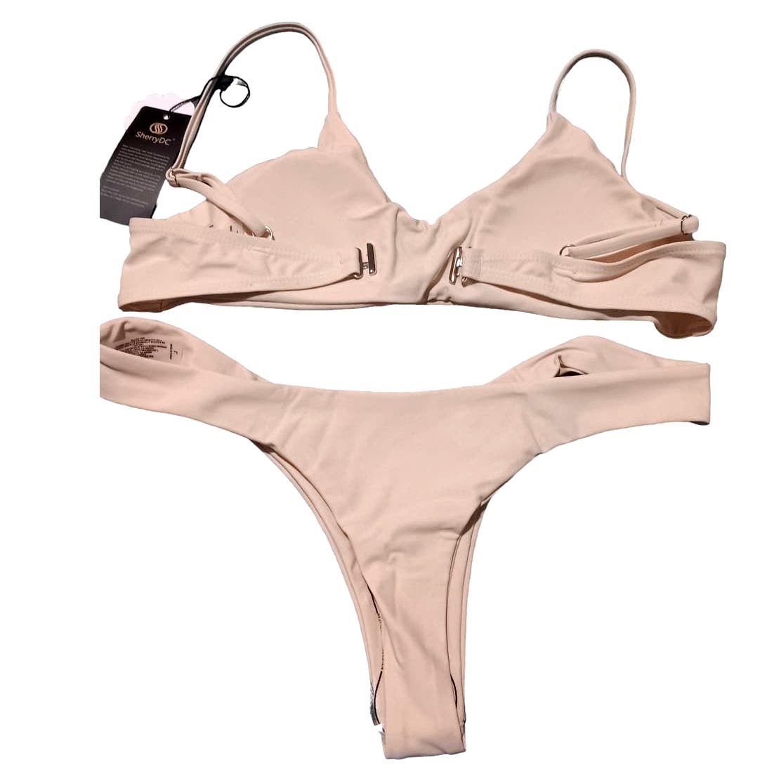 SherryDC Solid Scoop Neck Push up Padded Brazilian Thong Bikini, Beige, L