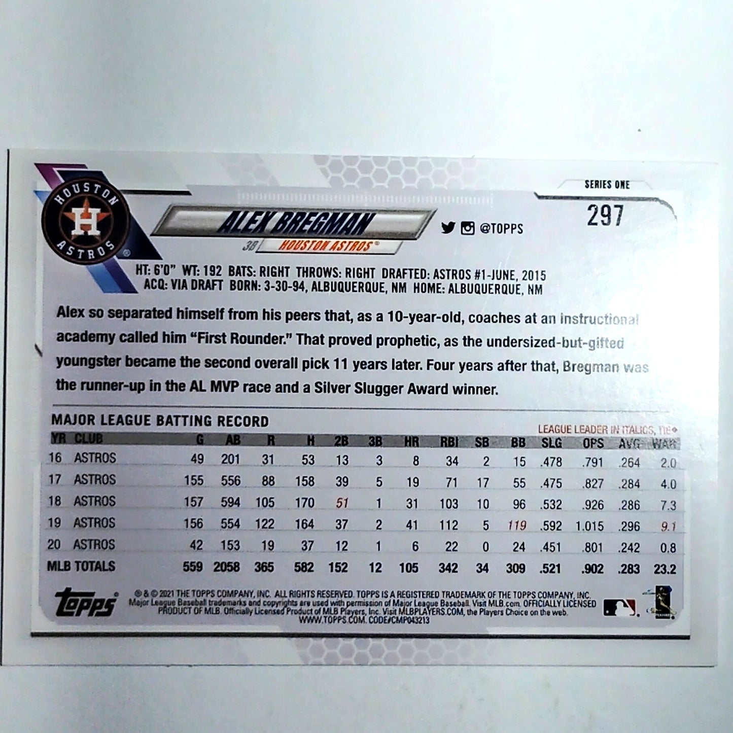 2021 Topps Series 1 Alex Bregman 297 Houston Astros 3B All Star VG/EX