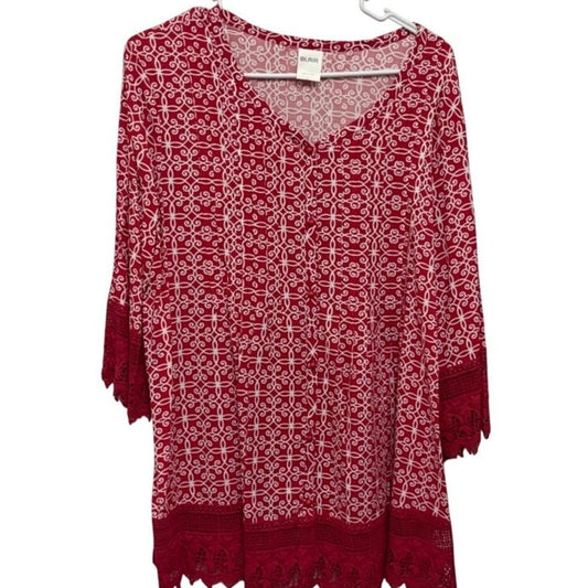 Blair Red & White Geometric Rayon Top with Lace Trim - Women's Size Large
