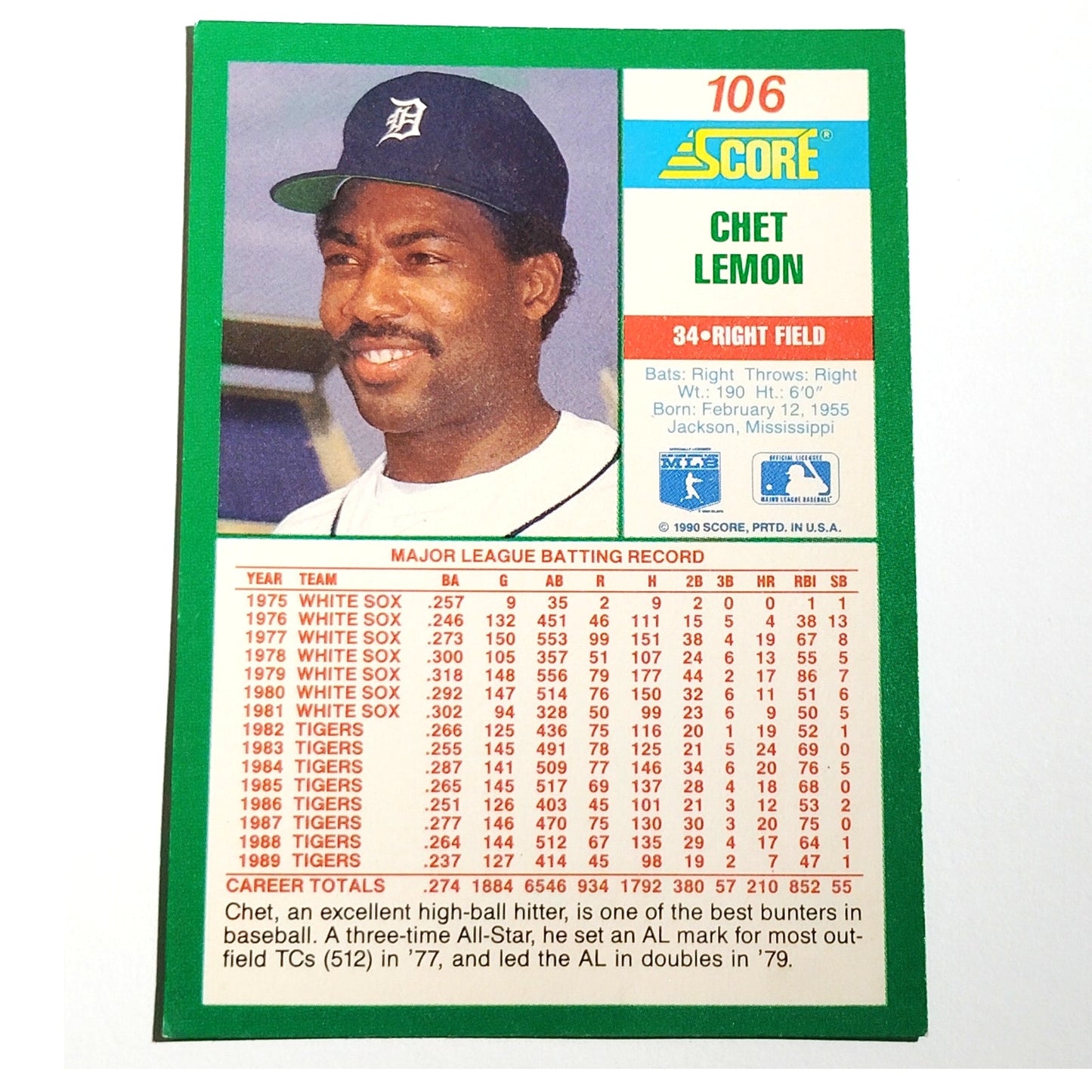 1990 Score Chet Lemon Card No. 106 Detroit Tigers RF VG/EX