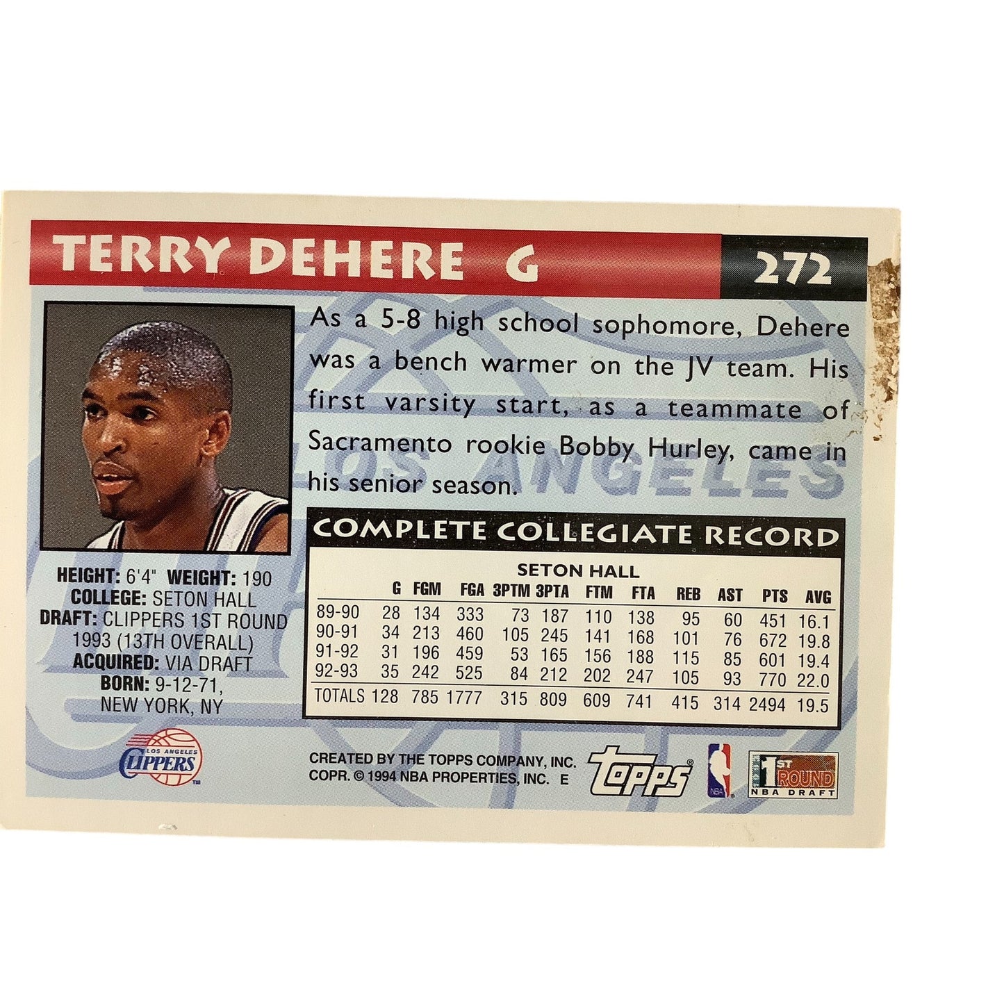 Terry Dehere, Clippers, 1994 Topps First Round NBA Draft Card 272, VG
