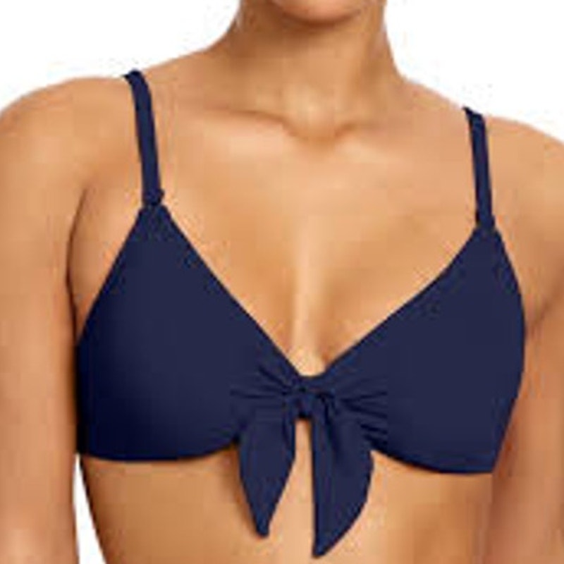 Blooming Jelly Dark Blue Tie Front Bikini Top Scoop V Neck Spaghetti Strap L