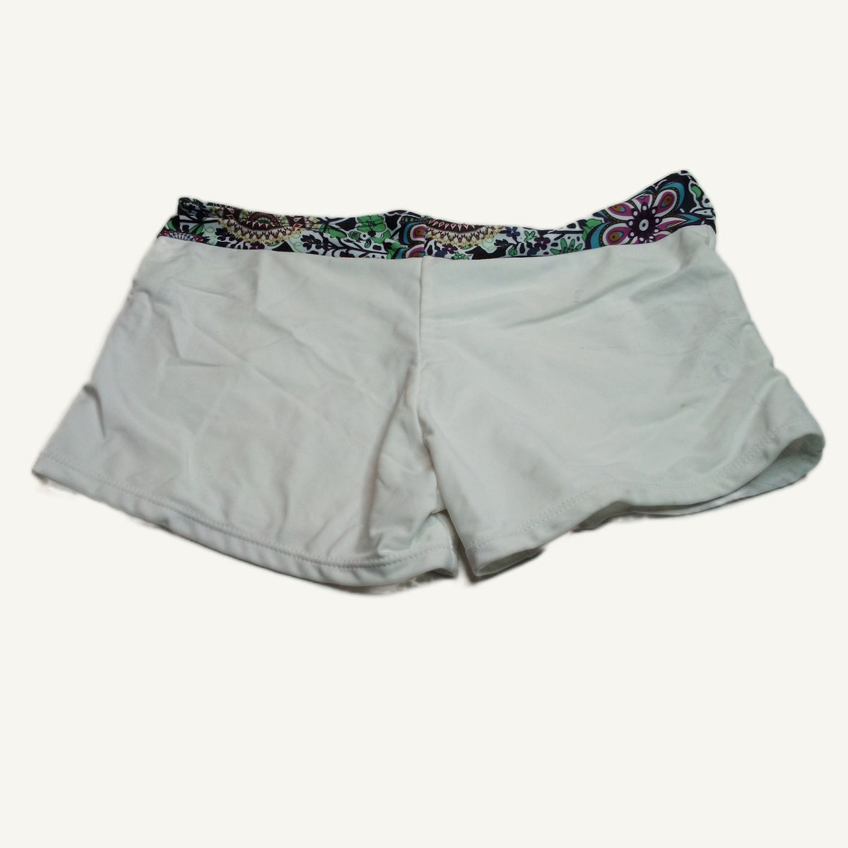 White Paisley Swim Bottoms L - Stretch Fabric with Drawstring Waistband