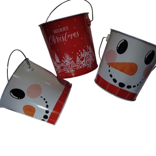 Lot of 3 Metal Holiday Buckets Snowman & Christmas Village Theme Tin Pails 4.5"H x 4.375"D Top