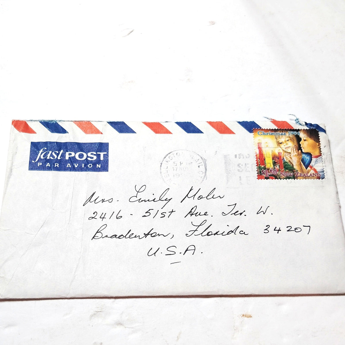 1994 New Zealand Airmail Cover $1.50 Christmas Stamp Wellington Postmark