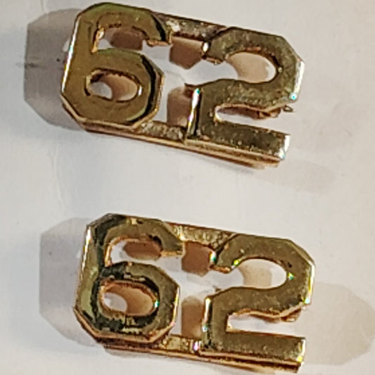 Early/Mid 1900s Brass C-Clasp "62" Collar Devices 3/8"H Hat / Lapel Pins Set