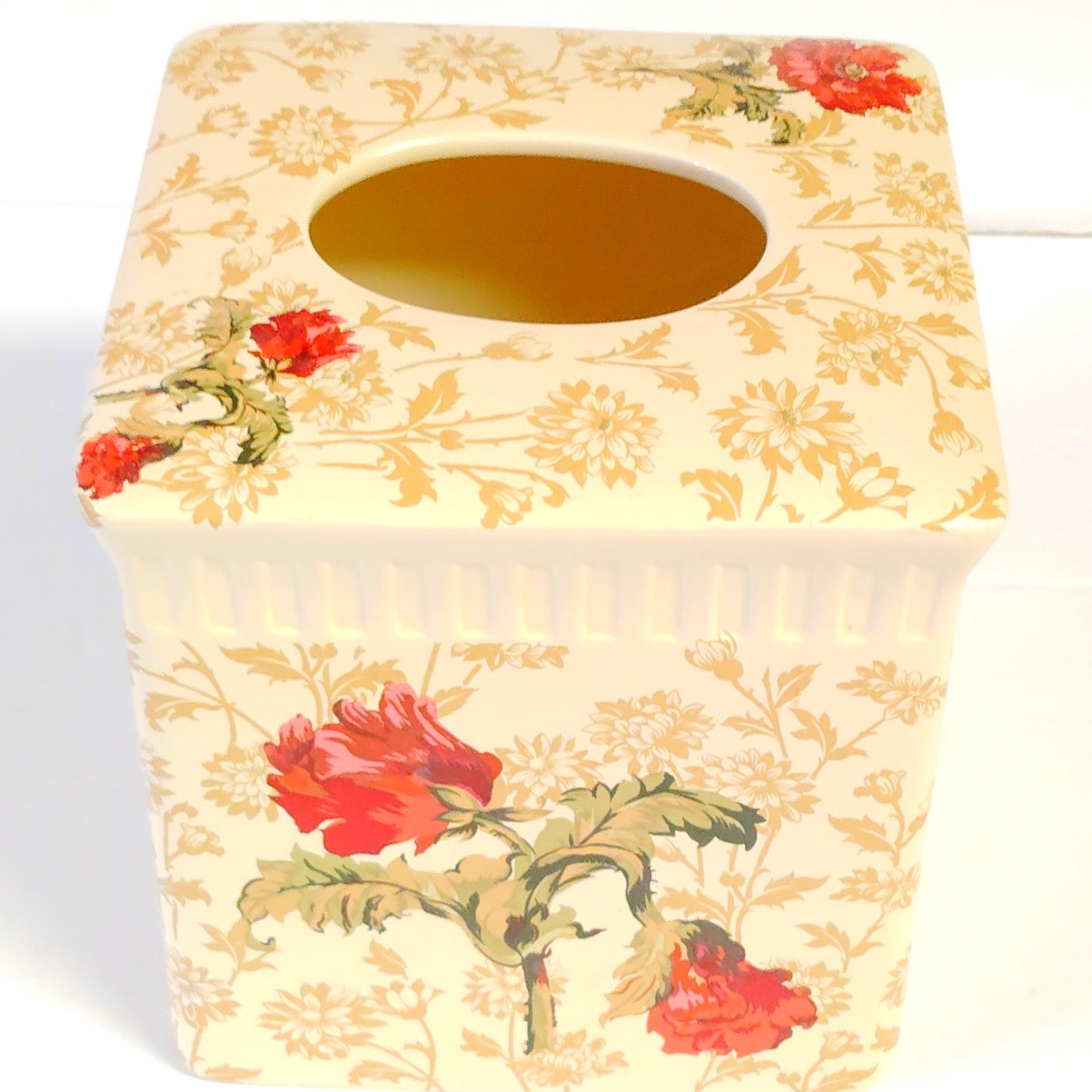 VTG Vohann California Victorian Floral Ceramic Tissue Box Cover 6" Cube