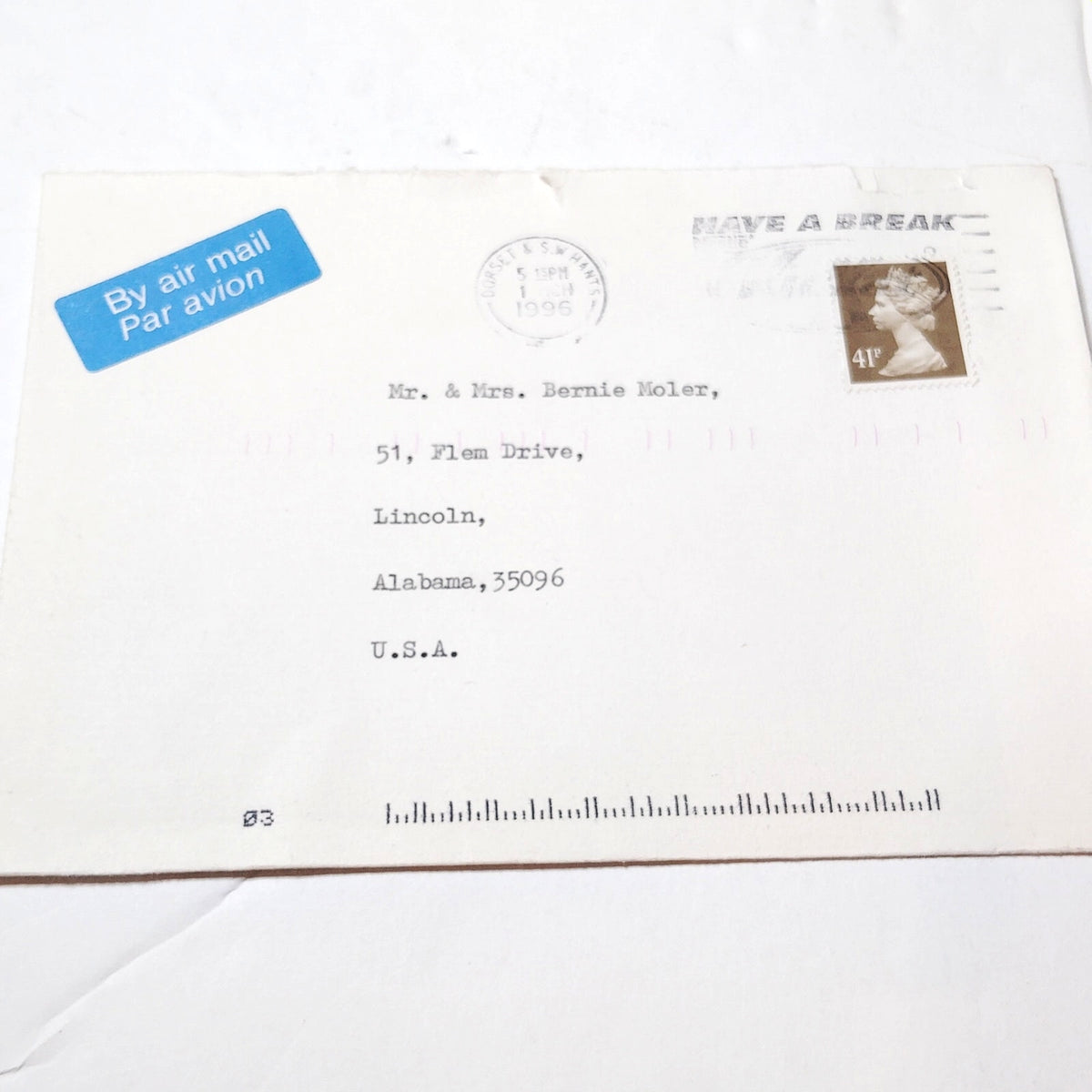 1996 GB Airmail Cover 41p QEII Stamp Slogan Postmark Dorset to Alabama