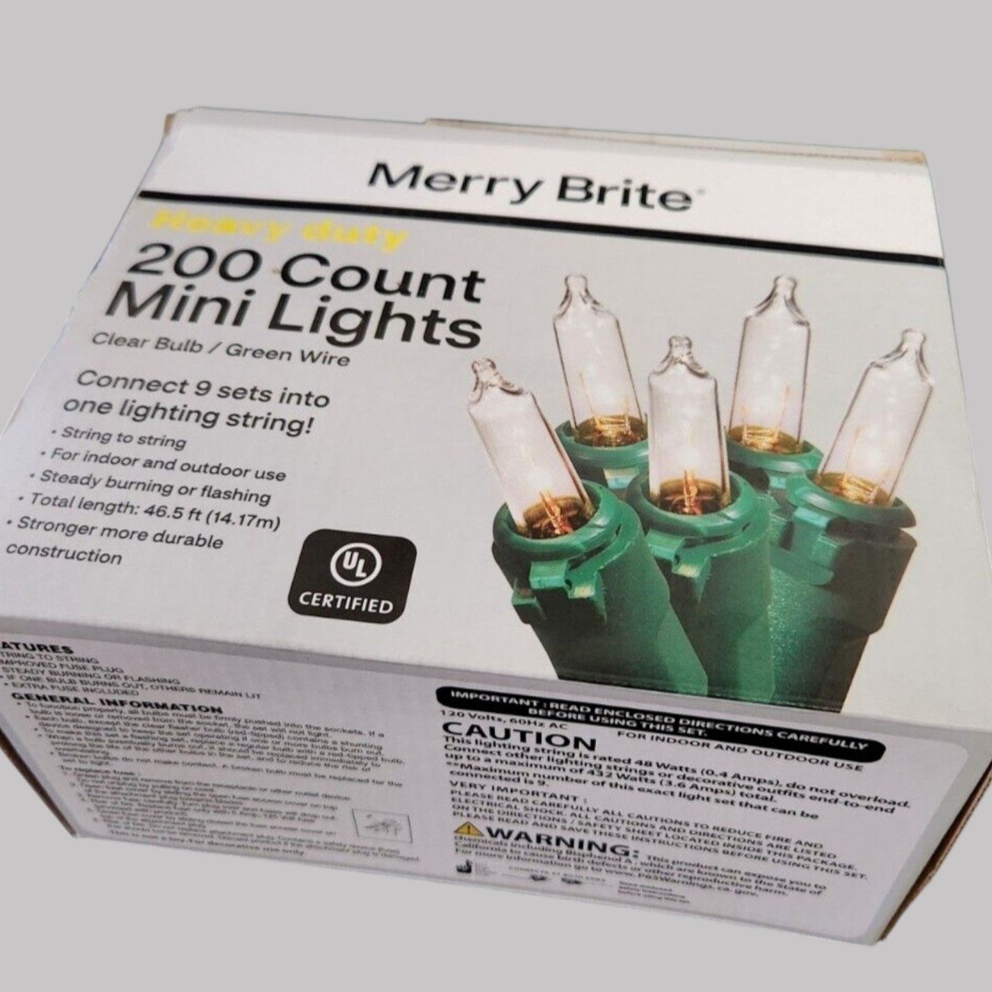 Merry Brite 200 HD Mini Lights – Clear Bulbs, Green Wire – 46.5 Ft – Connectable