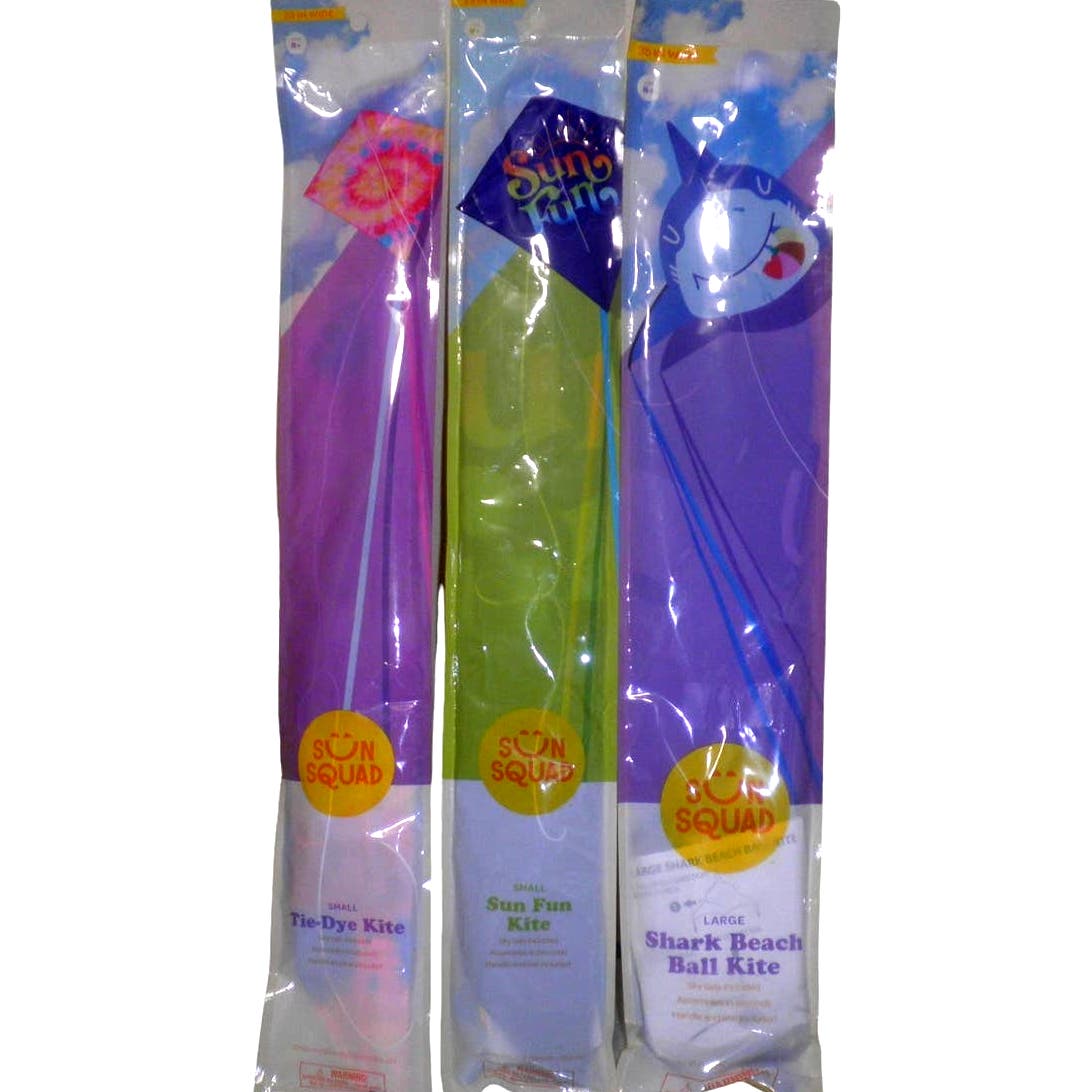 3 x Sun Squad Kites: Shark Beach Ball (1), Sun Fun(1) and Tie Dye (1), NIP