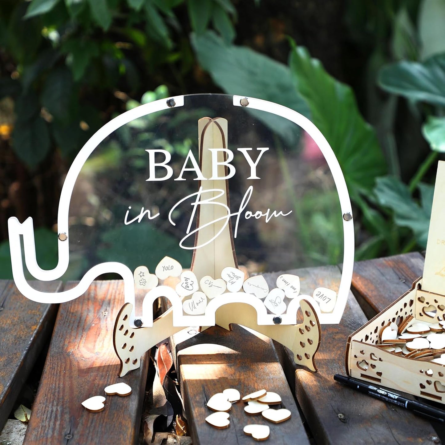 Elephant Guest Book Alternative – Baby Shower Sign‑In Frame w/ 80 Guest Hearts