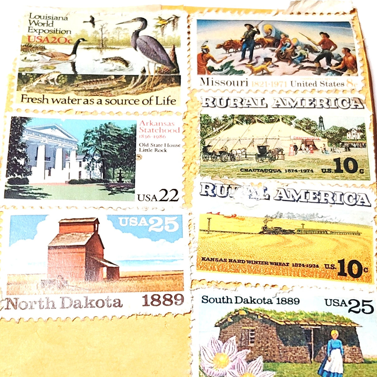 Vintage US Postage Stamps Collection - Historical & Nature Art on Tan Backing