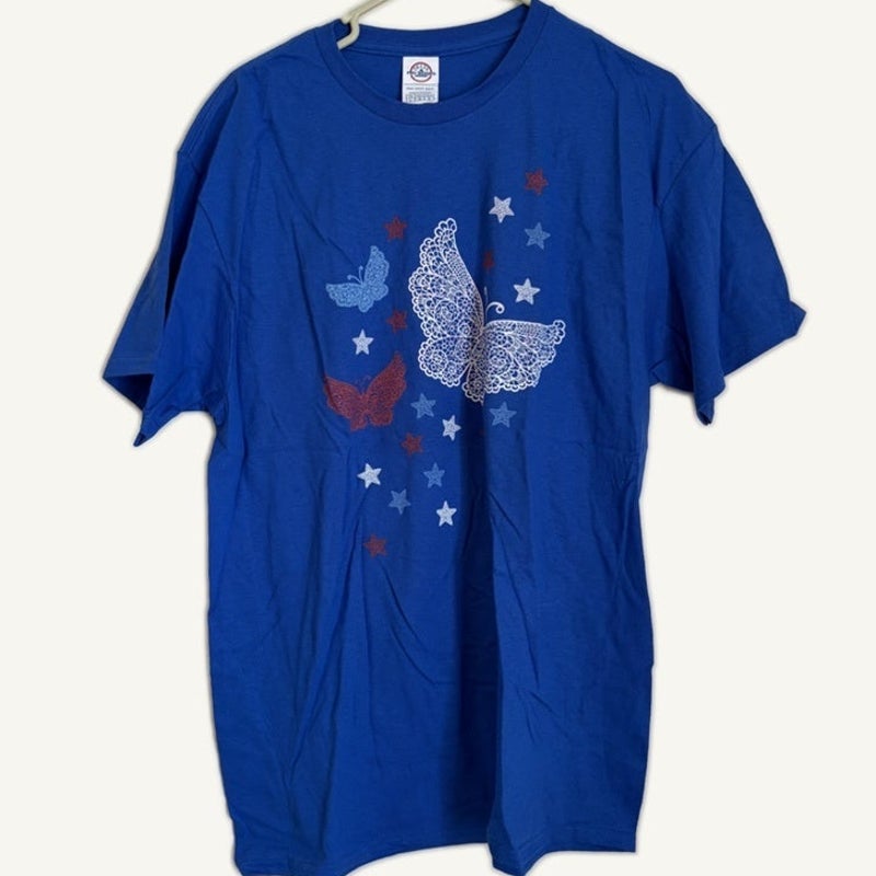 Delta Pro Weight Vintage Blue Butterfly & Stars Graphic T-Shirt Size L