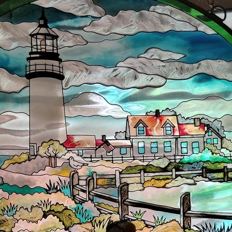 Vintage Stained Glass Lighthouse “WELCOME” Hanging — Coastal Window Art 12"x11"