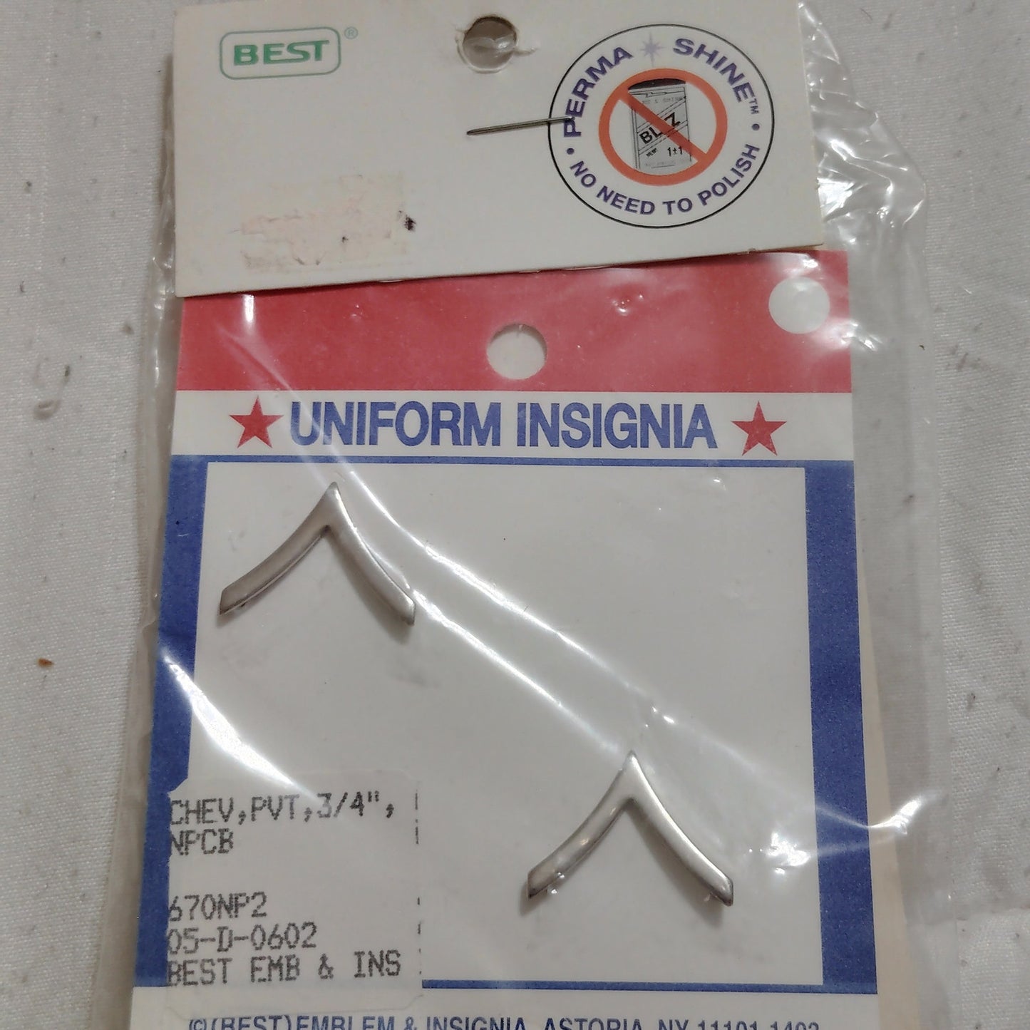 Private (E‑2) Chevron Novelty Pins – 3/4" × 3/8"  Collar Device Set, Perma-Shine