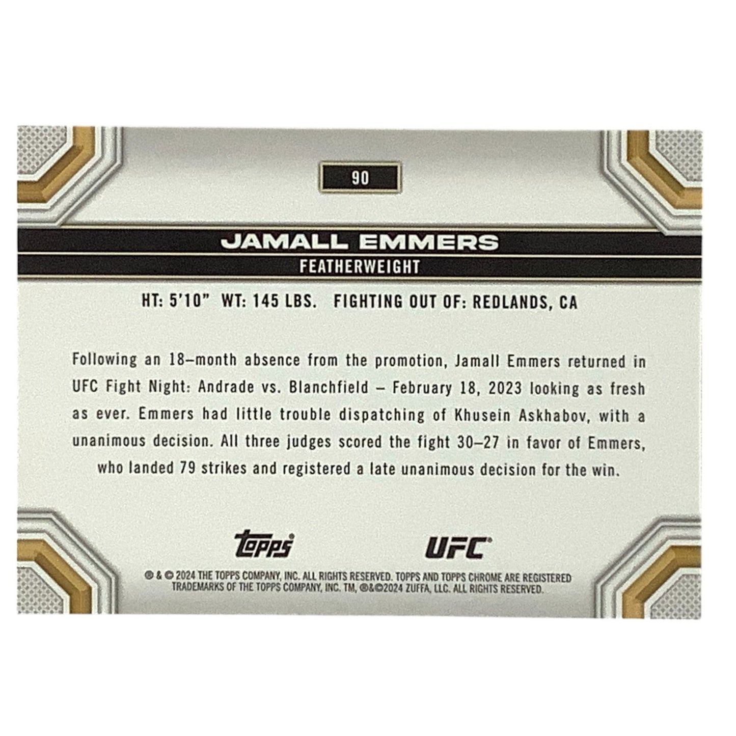 Jamall Emmers, Featherweight, UFC Card 90, 2024 Topps Chrome UFC, NM+