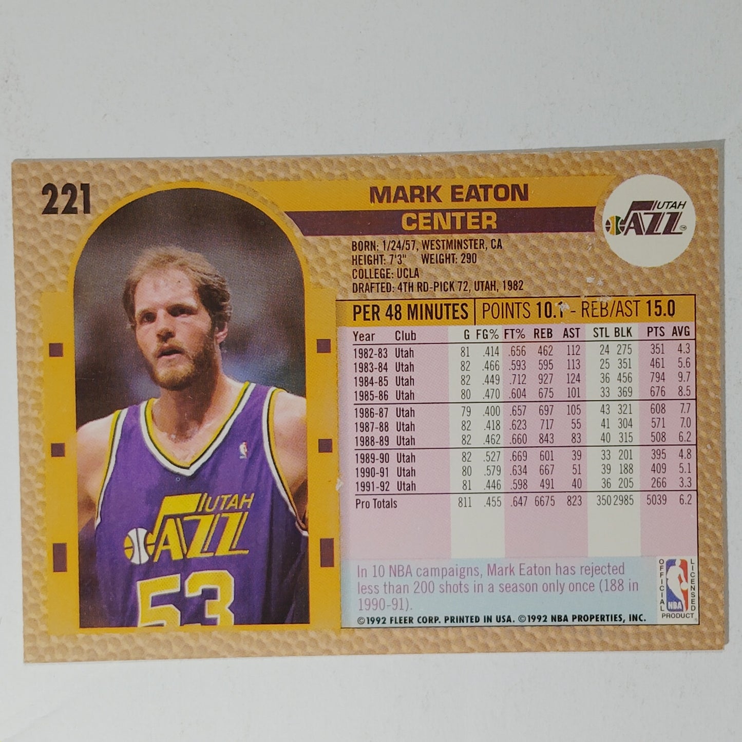 1992–93 Fleer Mark Eaton #221 – Utah Jazz – Center – VG/EX