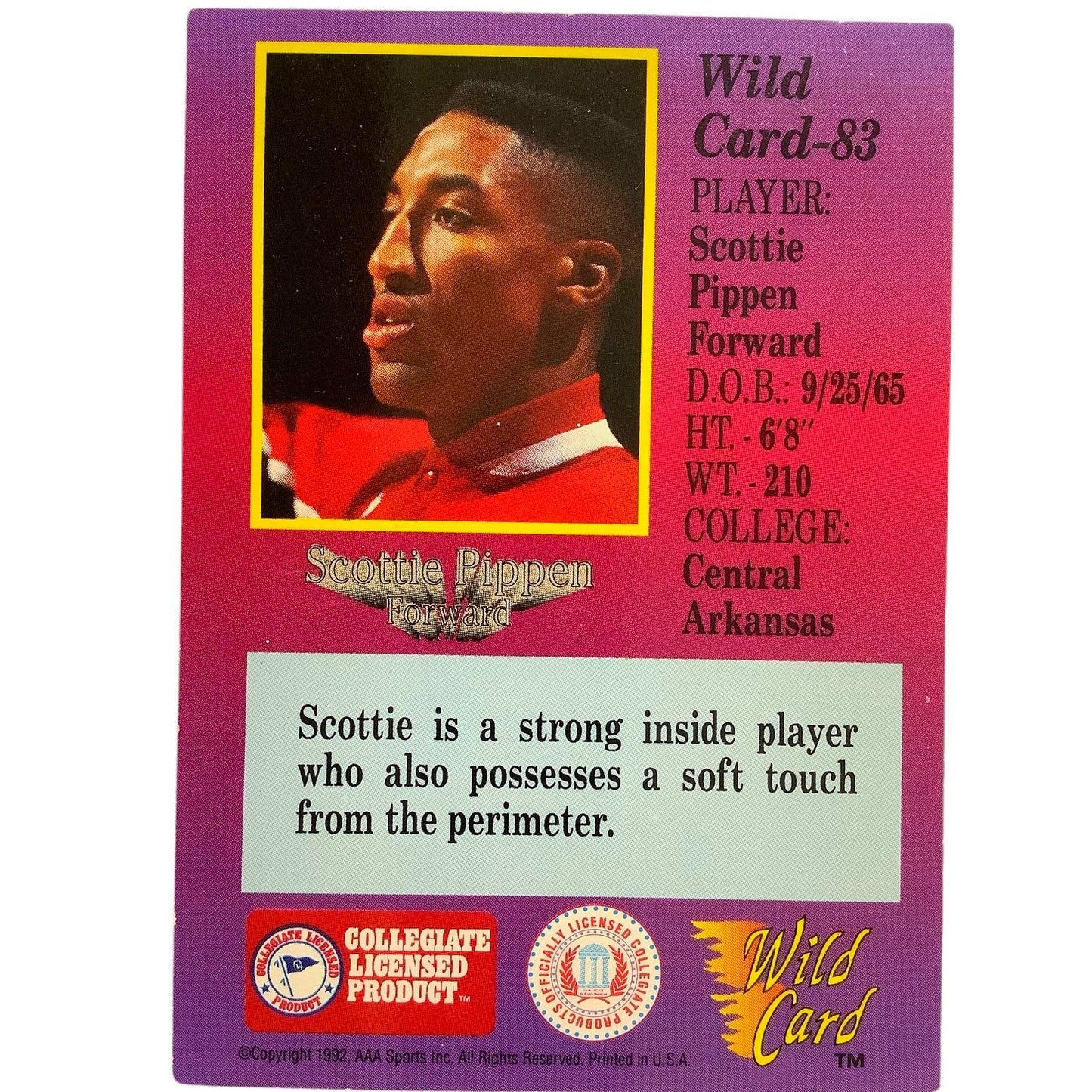 Scottie Pippen, C. Ark, 1992 Collegiate Basketball Premier Ed. Wild Card 83, EXC