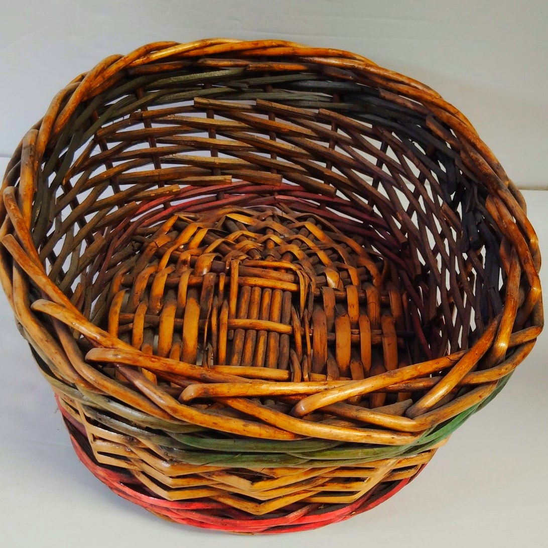 VTG 1980s Oval Wicker Hearth Basket Thick Reed 15" x 12" x 5.5" Rustic Utility