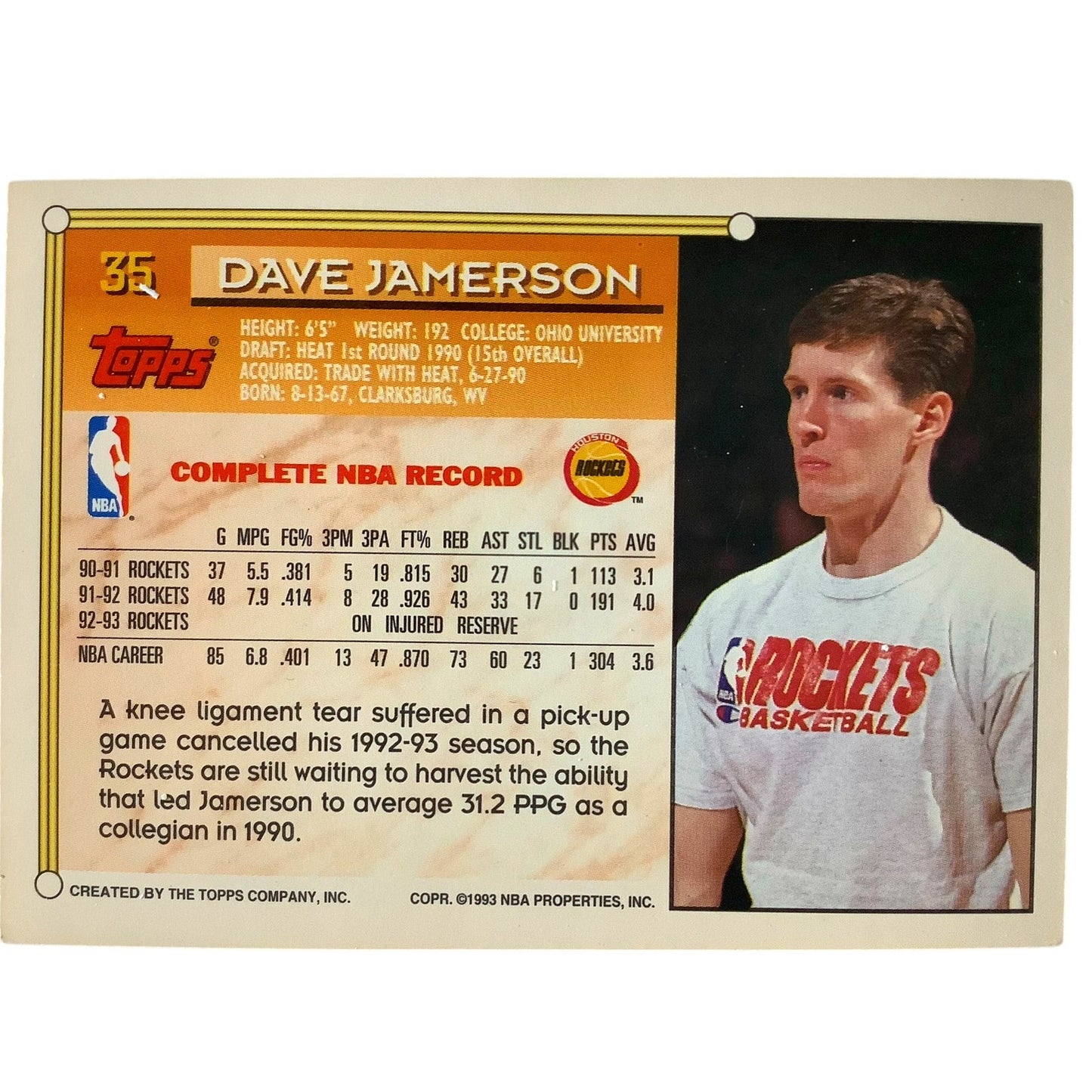 Dave Jamerson, Houston Rockets, 1993 Topps Stadium Club Collectors Card 35, EXC