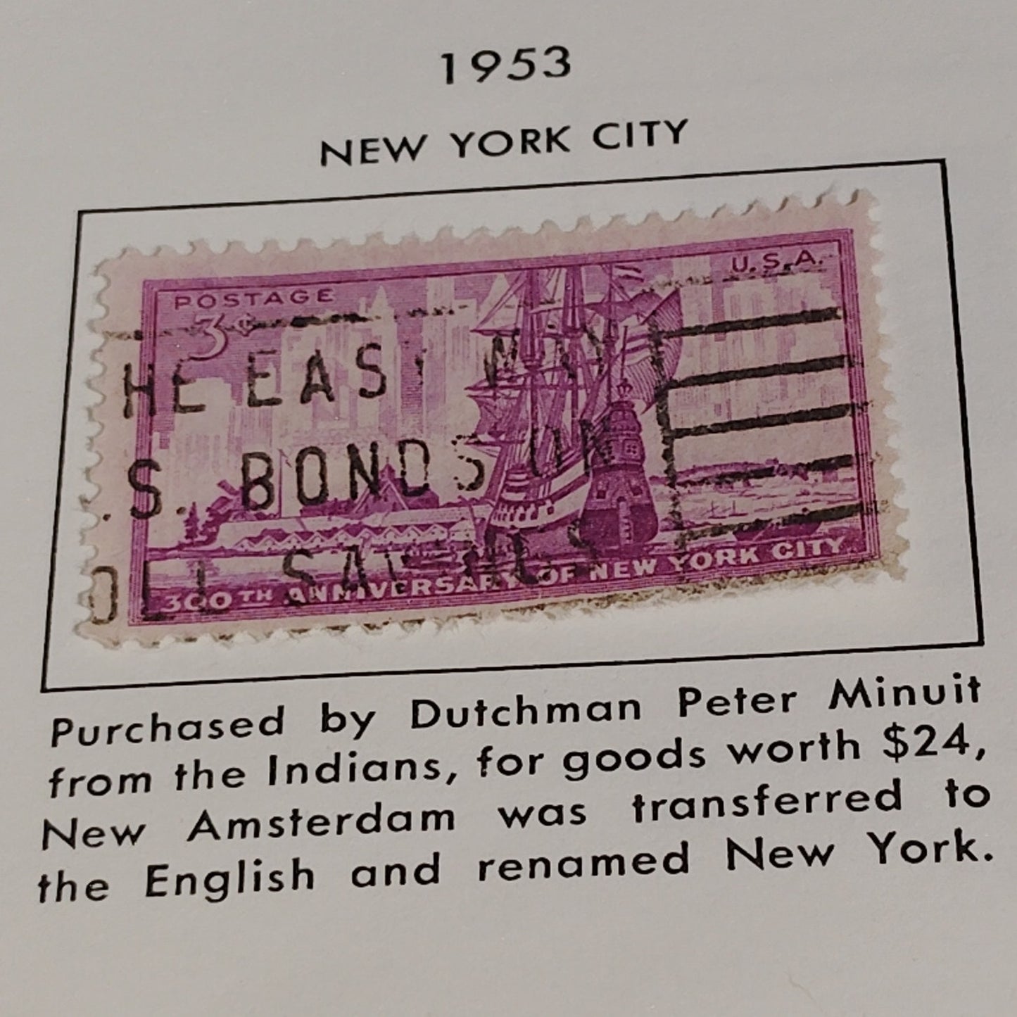 1953 3¢ New York City 300th Anniversary Stamp, Scott No. 1027, Dutch Settlement