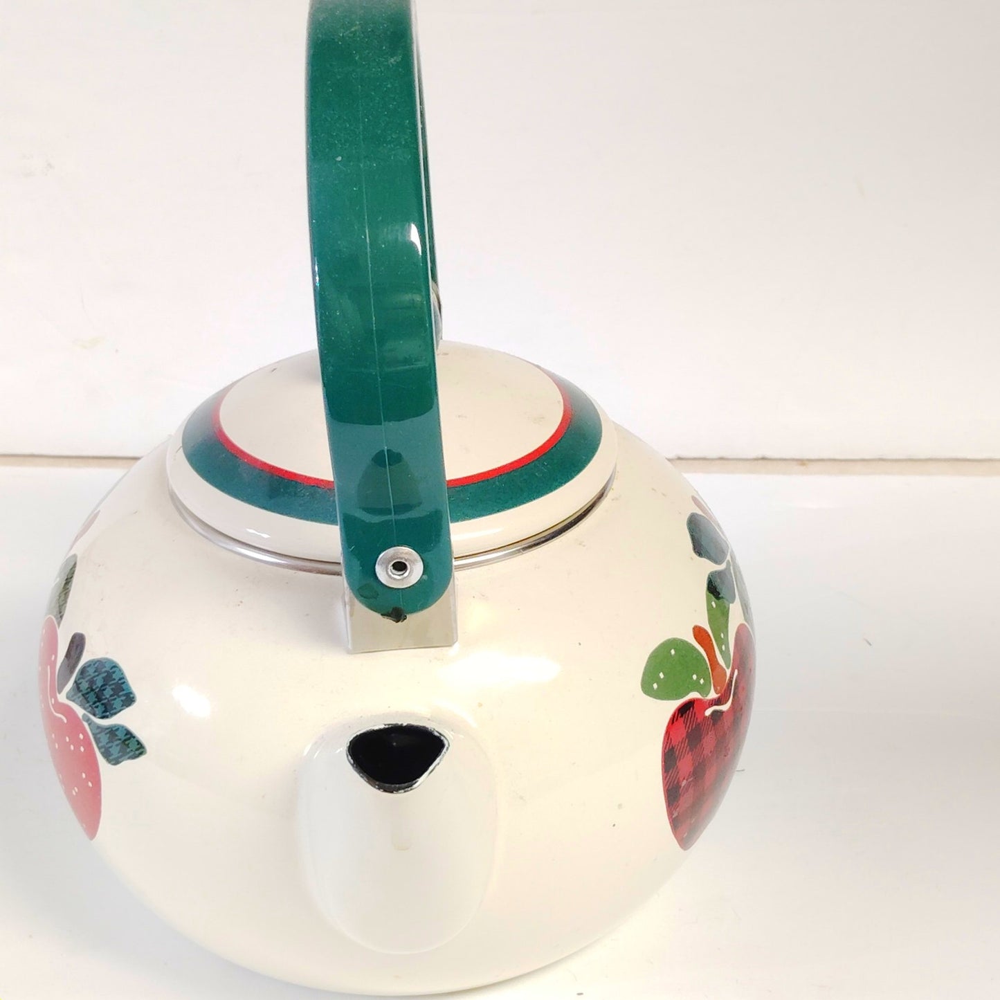 VTG Enamel Plaid Apples Tea Kettle Porcelain on Steel Thailand Country