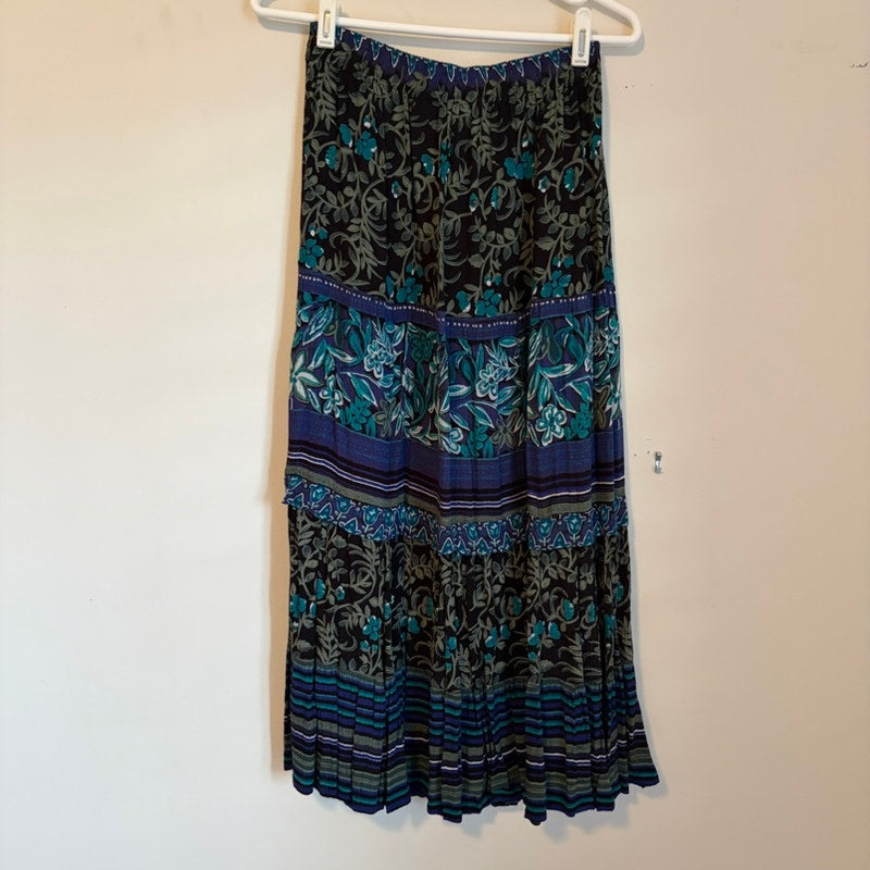 Vintage Casual Studio 2PC Floral Maxi Skirt & Top Set M Blue Boho Rayon Tiered