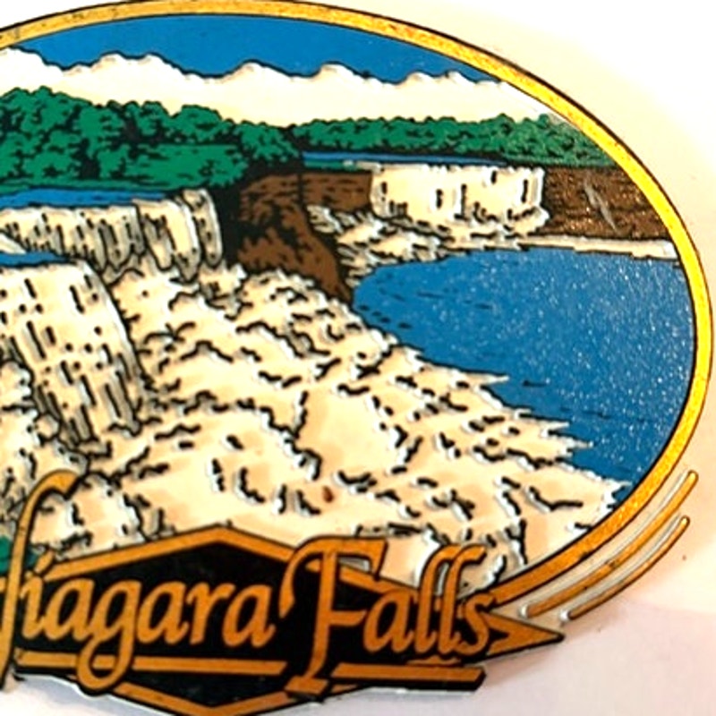 Niagara Falls 3D PVC Fridge Magnet Oval Scenic Cascades Gold Trim 3.75x2.75