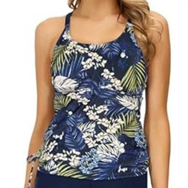 Jasambac Dark Blue Palm Leaves Tankini Top Scoop Neck Ruched Women’s 2XL