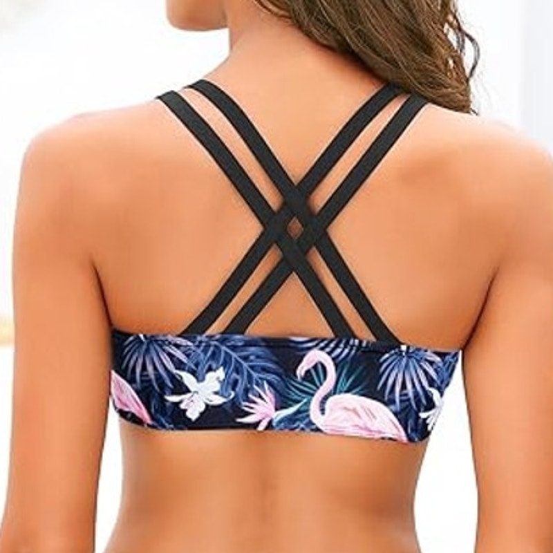 Yonique Black Flamingo Sports Bra Swim Top Crossback Scoop Neck L Padded