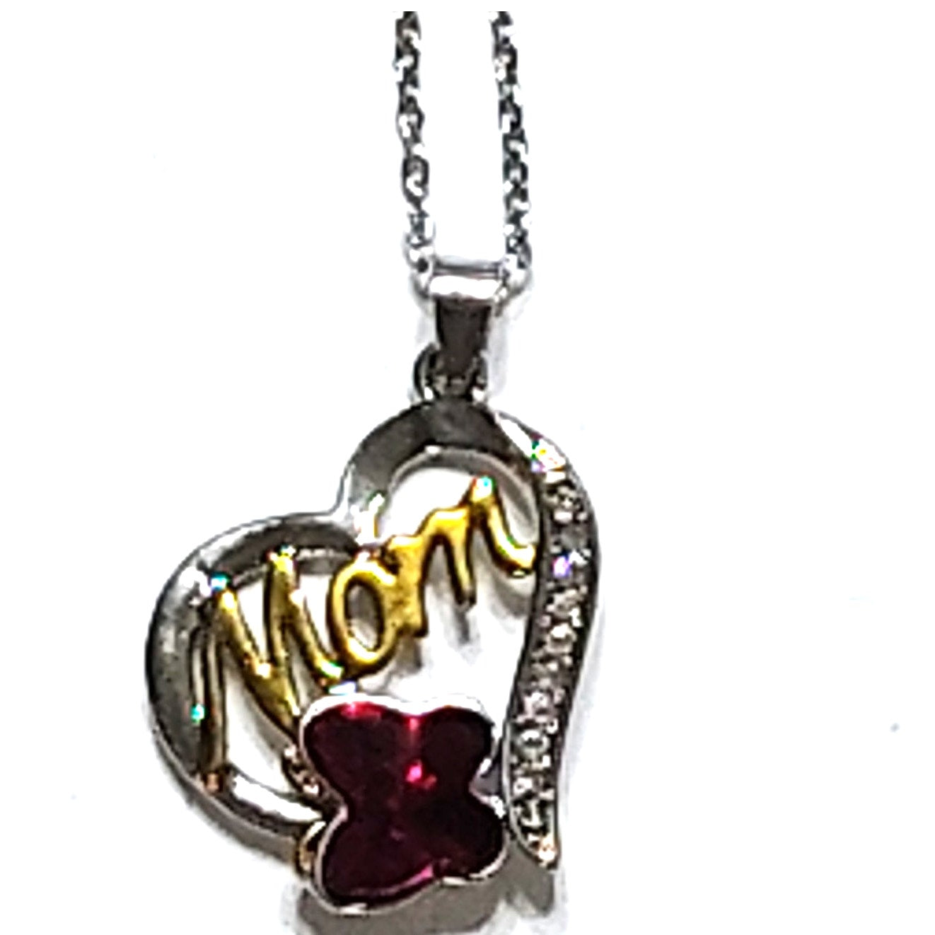 Mom Heart 18" Necklace Silver‑Tone w/ Gold Script "Mom" & Red Crystal Butterfly