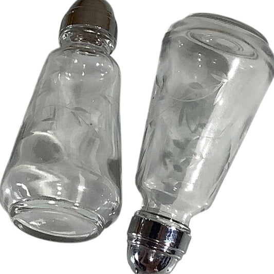 Vintage Crystal Salt and Pepper Shakers, Etched Floral and Vine Design