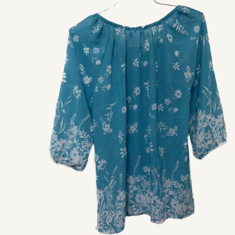 Blair Teal White Floral Sheer Off-Shoulder Top - Women's Size LRG