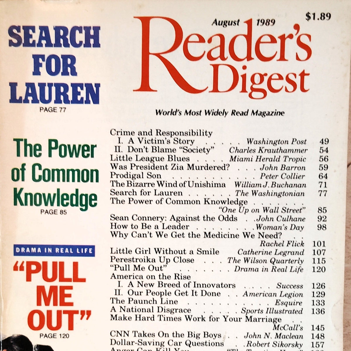 Reader's Digest August 1989 Sean Connery David Hockney Vintage Magazine