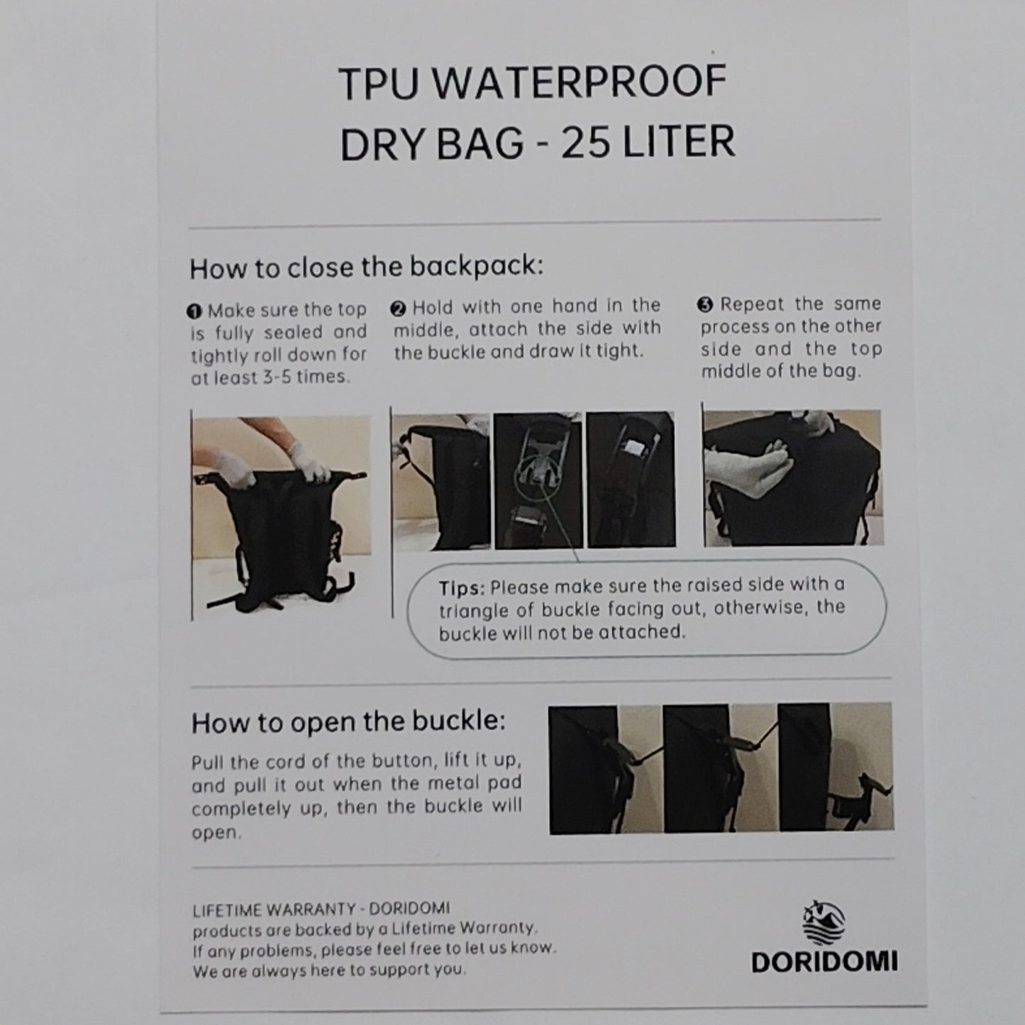 DORIDOMI Black Waterproof Backpack 25L - 600D TPU Durable IPX8 Large Dry Bag