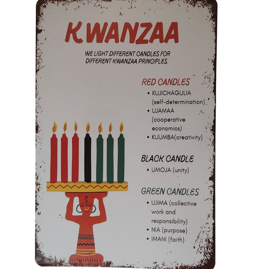 Kwanzaa 7 Principles Tin Sign, African American Candle Art, 8x12" Retro Decor