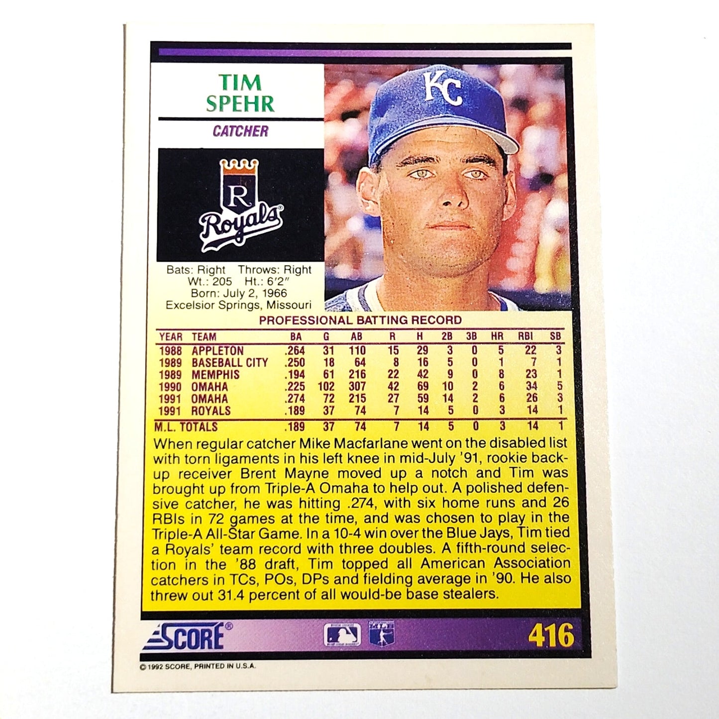 1992 Score Tim Spehr #416 Kansas City Royals Catcher Rookie Prospect MLB NM