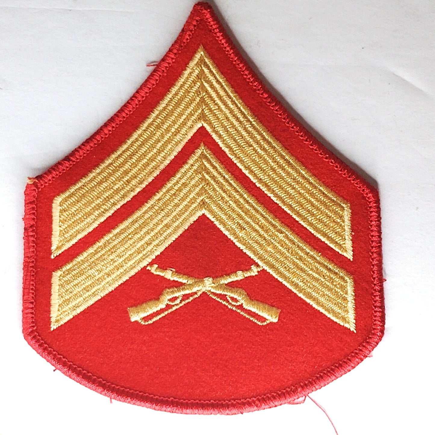 USMC Corporal E‑4 Female Novelty Chevrons Gold on Red 3‑1/4" × 2‑3/4" Pair