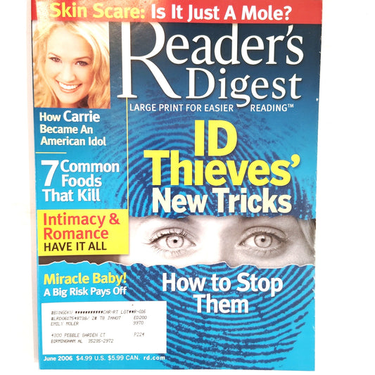 Reader's Digest Large Print June 2006 ID Thieves' New Tricks, Carrie Underwood