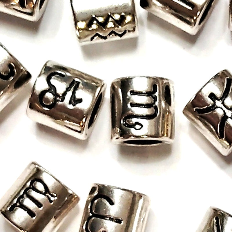 13‑Pack Zodiac Cylinder Beads Patinated Silver‑Tone Large‑Hole 7.5mm DIY Jewelr