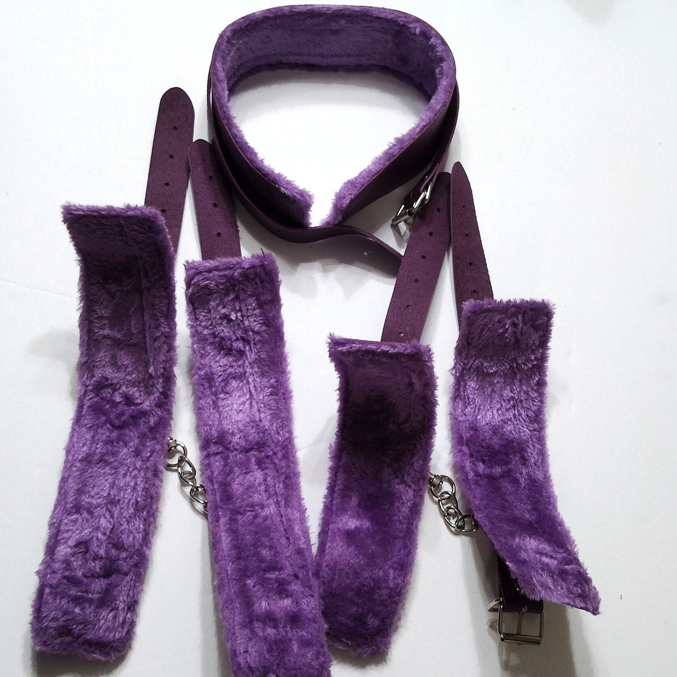 Purple Cosplay Accessory Set Hand Cuffs Leg Cuffs Mask Collar Leash Flogger Rope