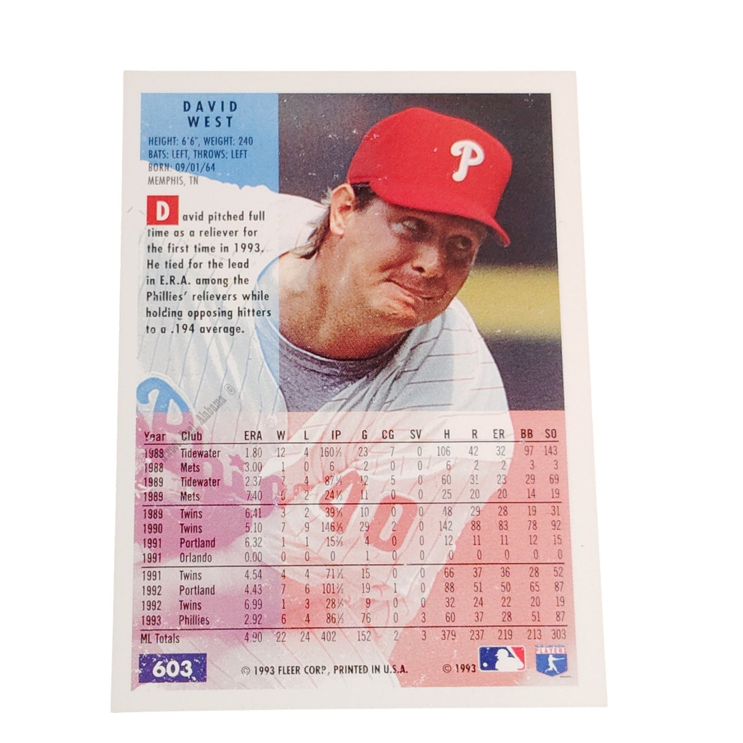 David West, Philadelphia Phillies #603, 1994 Fleer Baseball Collector's Card