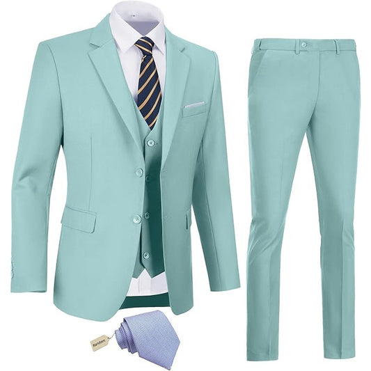 Men's Slim Fit 3 Pc Suit, 2 Button Dress Tux Suit Set w/ Jacket Vest Pants & Tie