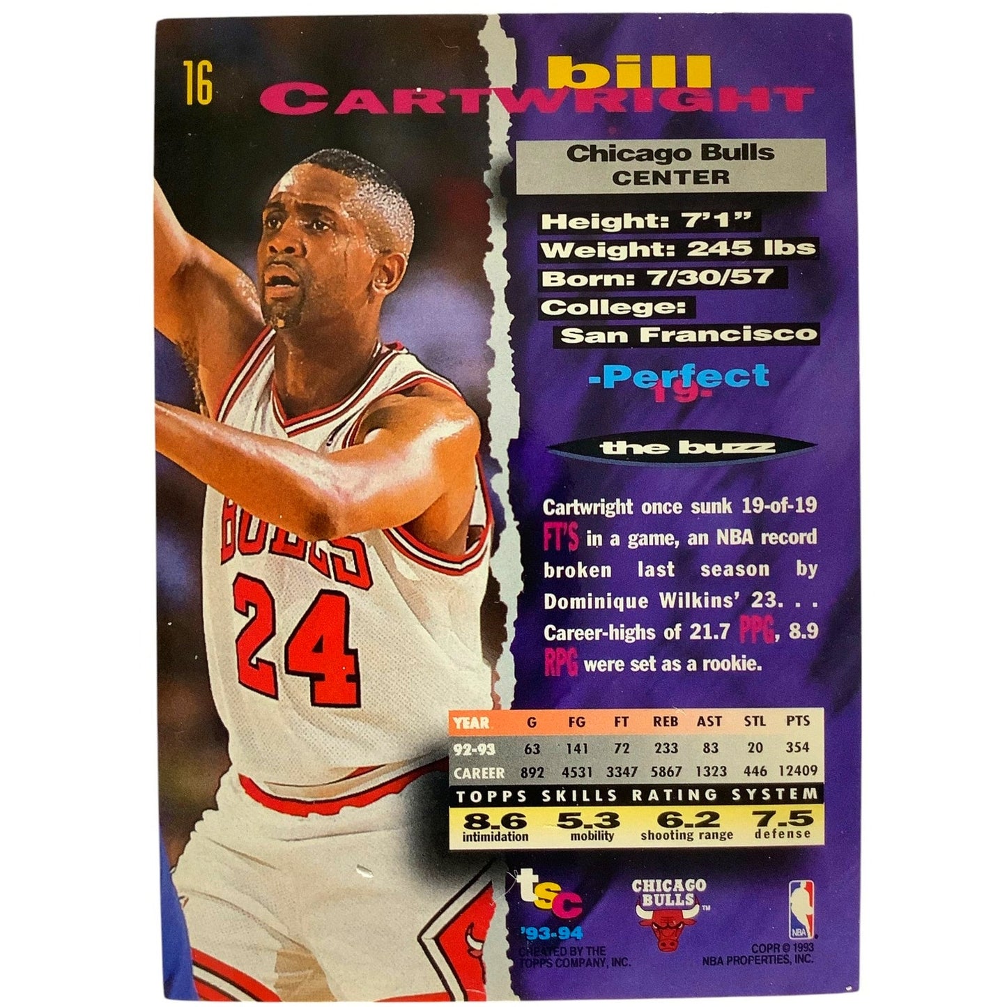 Bill Cartwright, Chicago Bulls, 1993 Topps Stadium Club Card 16, EXC