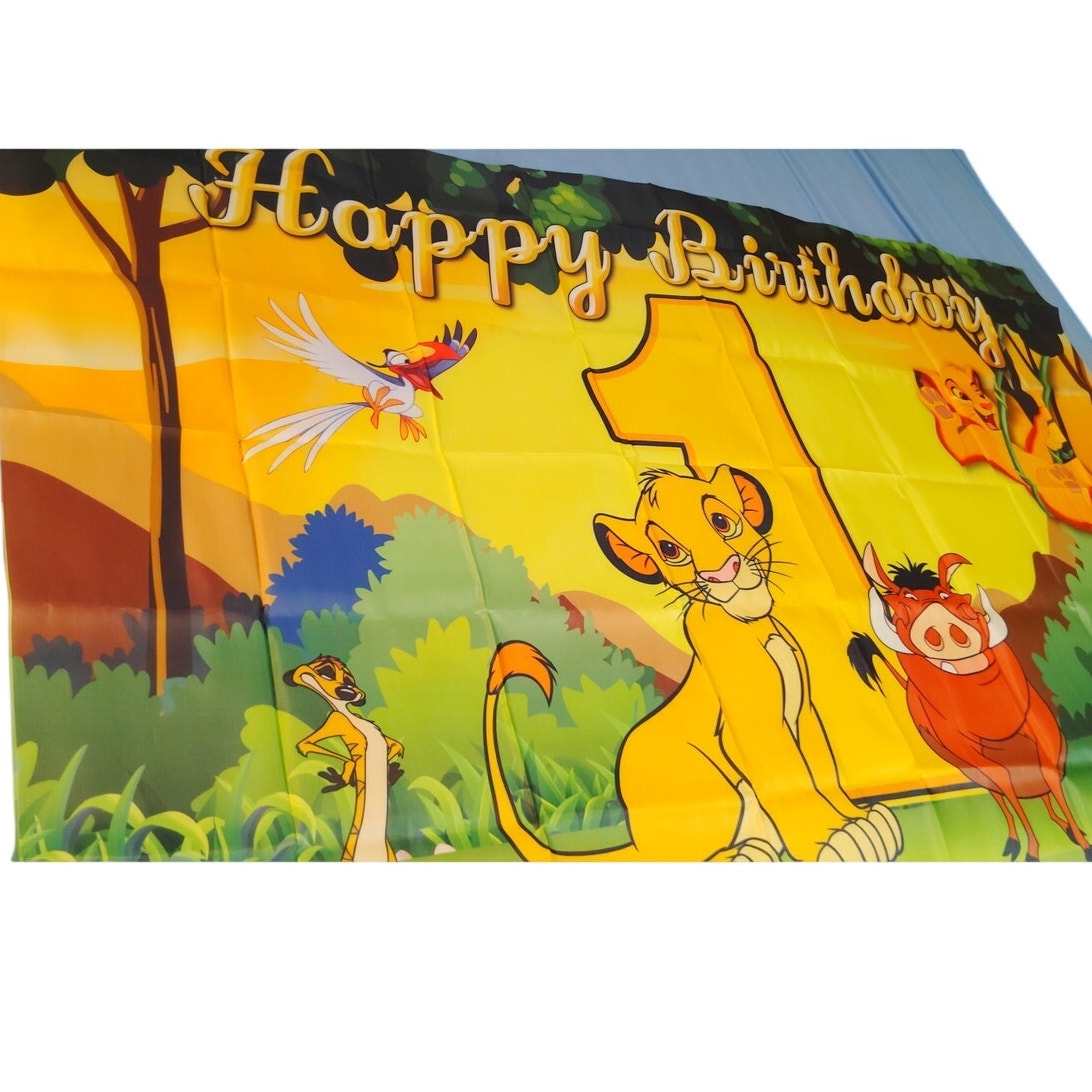 First Birthday Backdrop 3' x 5' w/ Lion Cub, Meerkat, Warthog, and Hornbill