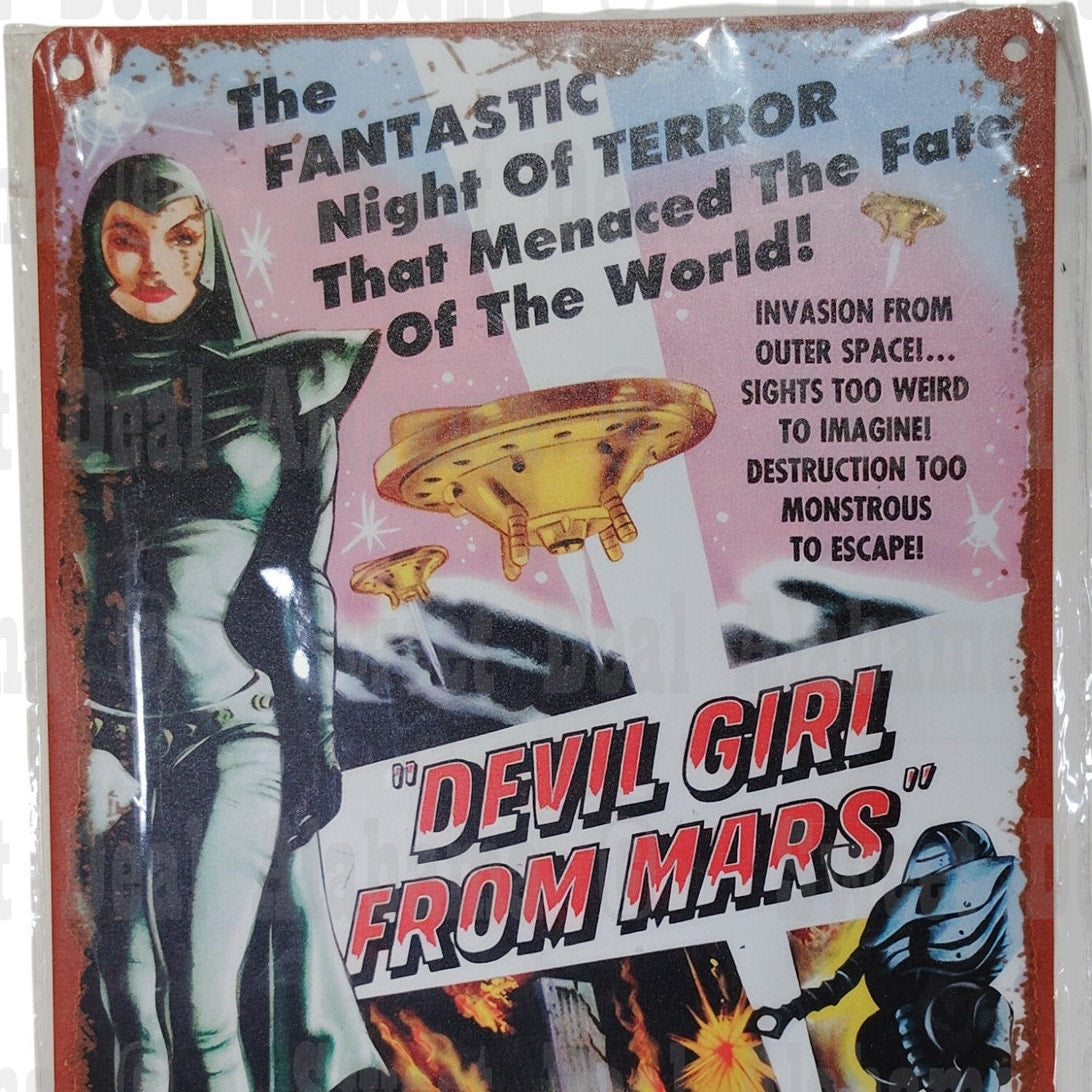 Retro Tin Sign – Devil Girl from Mars, 1950s Movie Poster Wall Decor 12" x 8"